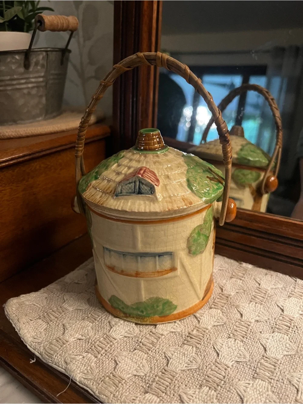 VINTAGE Japanese Majolica Cottage Ware Ceramic Hand Painted Biscuit Jar MCM